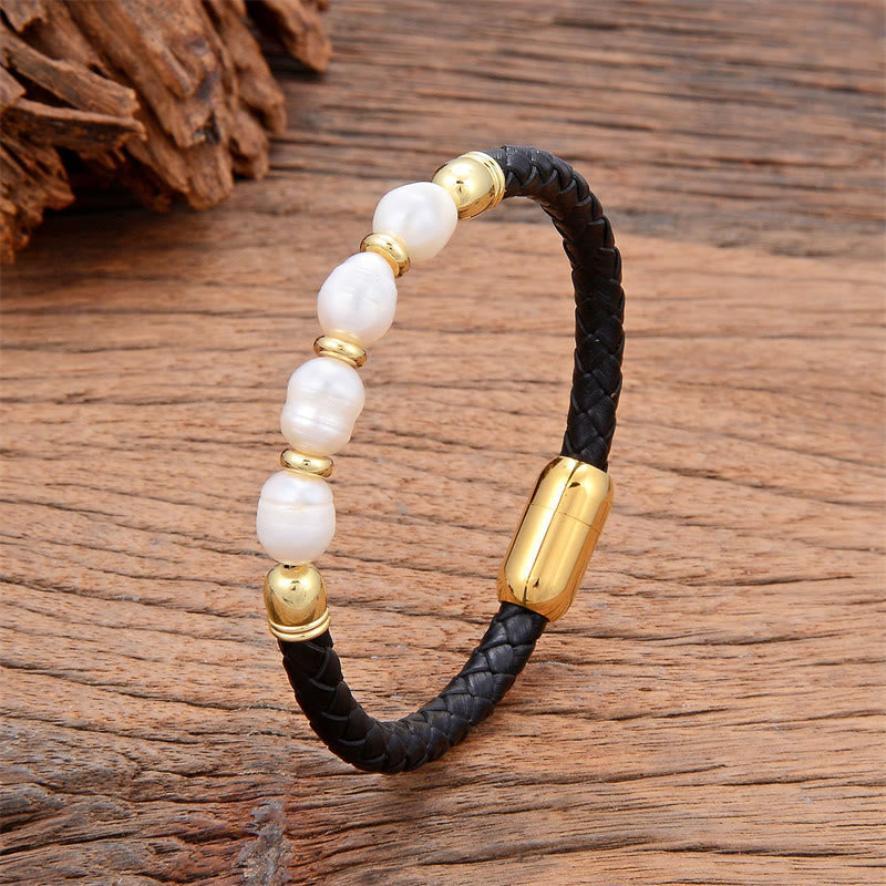 Foviel Handgefertigt Irreguläre Perlen spirituell Leder Titan Stahl Schnalle Armband
