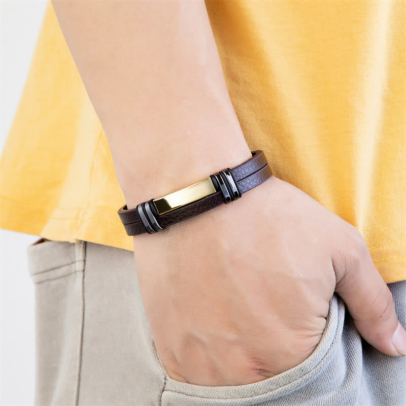 Foviel Brown Leather Titanium Steel Buckle Balance Bracelet