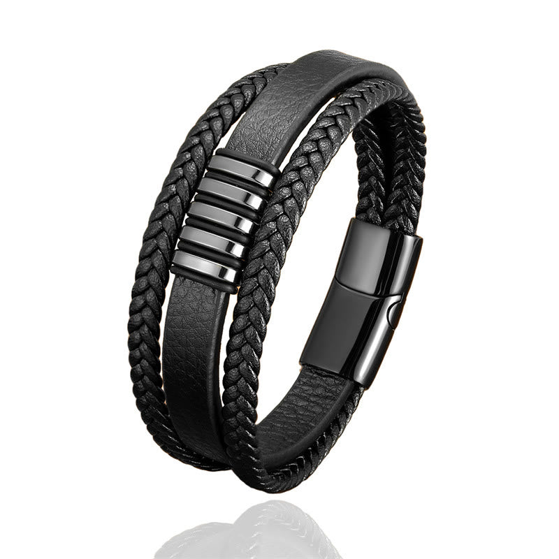 Foviel Multi-layer Leather Rope Titanium Steel Buckle Balance Bracelet