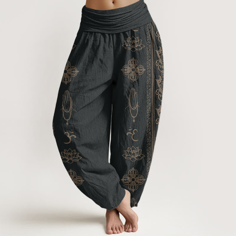 Buddha Stones Cotton Lotus Flowers Double Dorje Vajra Namaste Om Design Women's Elastic Waist Harem Pants - Black - US22,UK/AU26,EU54 (6XL) - image 0