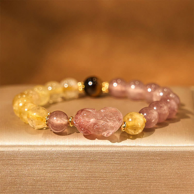 Foviel Strawberry Quartz Pixiu Rutilated Quartz Beads Healing Bracelet