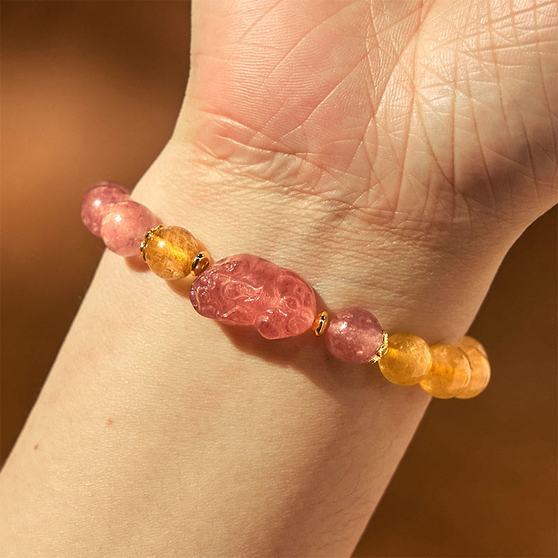 Bracelet de guérison Foviel en quartz fraise, Pixiu et quartz rutile