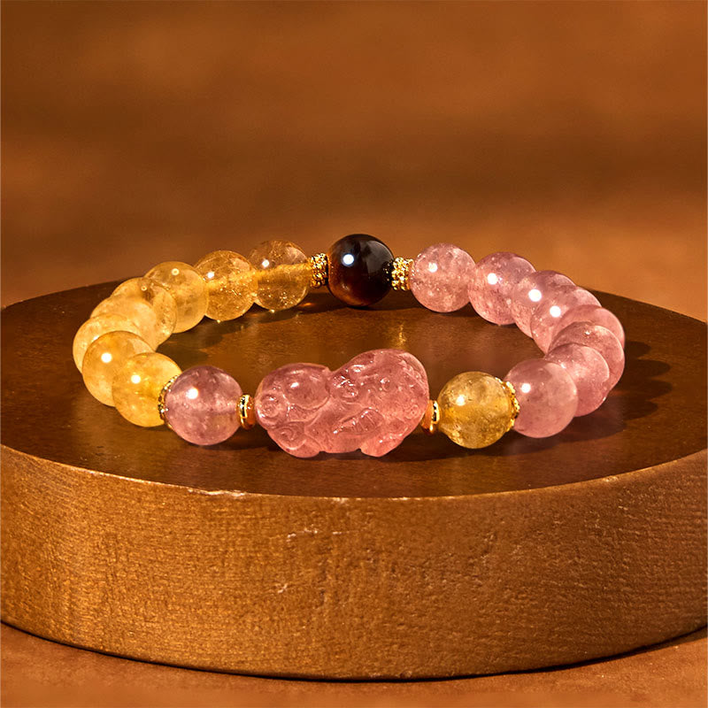 Bracelet de guérison Foviel en quartz fraise, Pixiu et quartz rutile