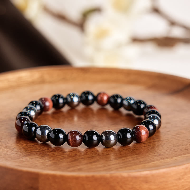Bracelet Foviel puissant et positif en œil de tigre, obsidienne et hématite