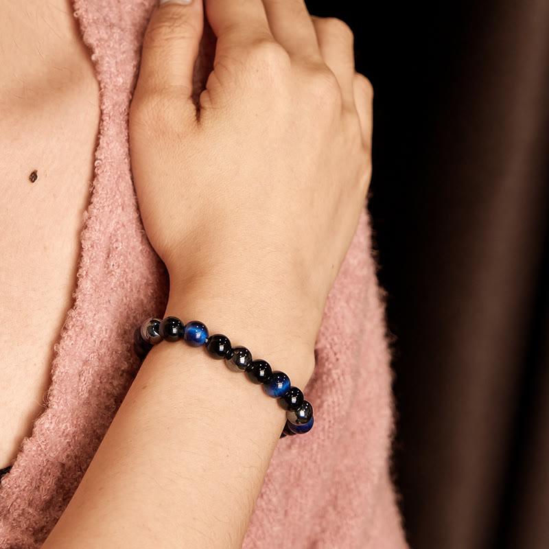 Bracelet Foviel puissant et positif en œil de tigre, obsidienne et hématite