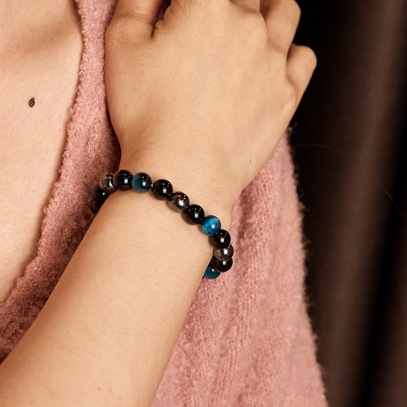 Bracelet Foviel puissant et positif en œil de tigre, obsidienne et hématite