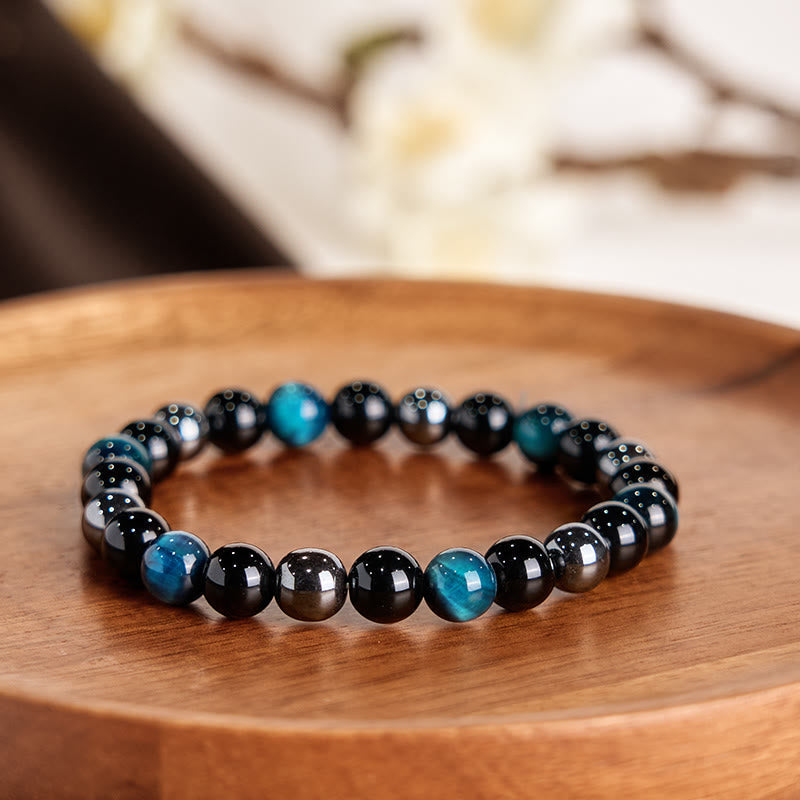Bracelet Foviel puissant et positif en œil de tigre, obsidienne et hématite