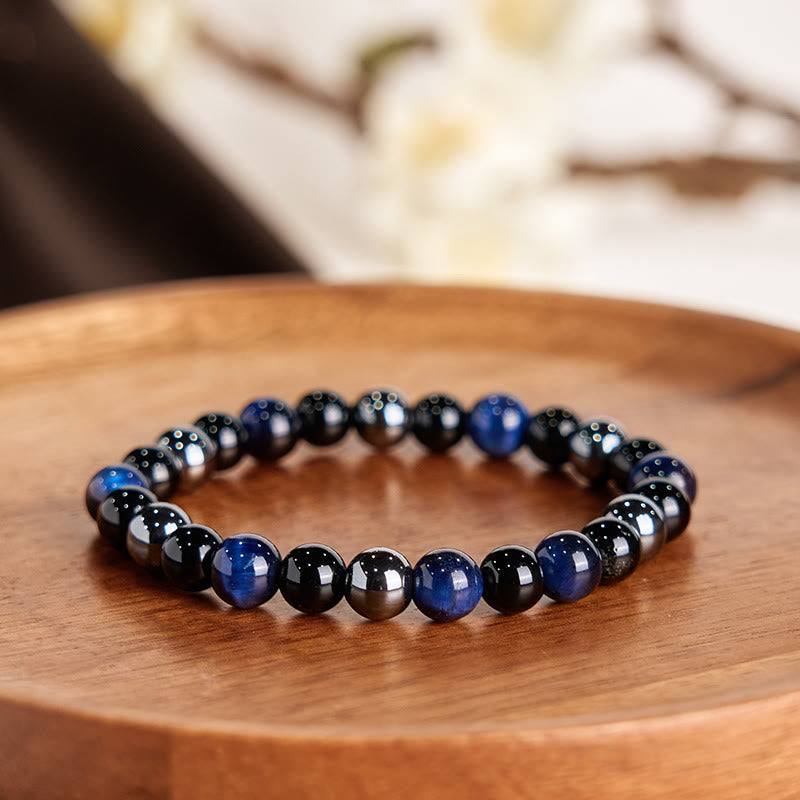 Bracelet Foviel puissant et positif en œil de tigre, obsidienne et hématite