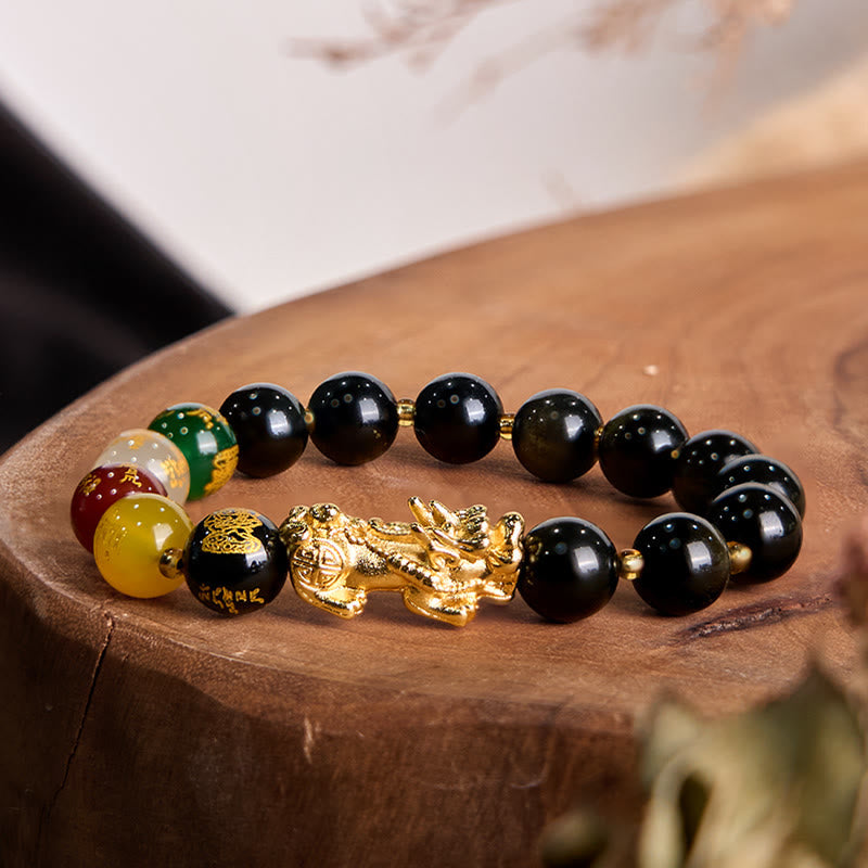 Foviel Natural Gold Sheen Obsidian PiXiu Five Directions Gods of Wealth Protection Bracelet