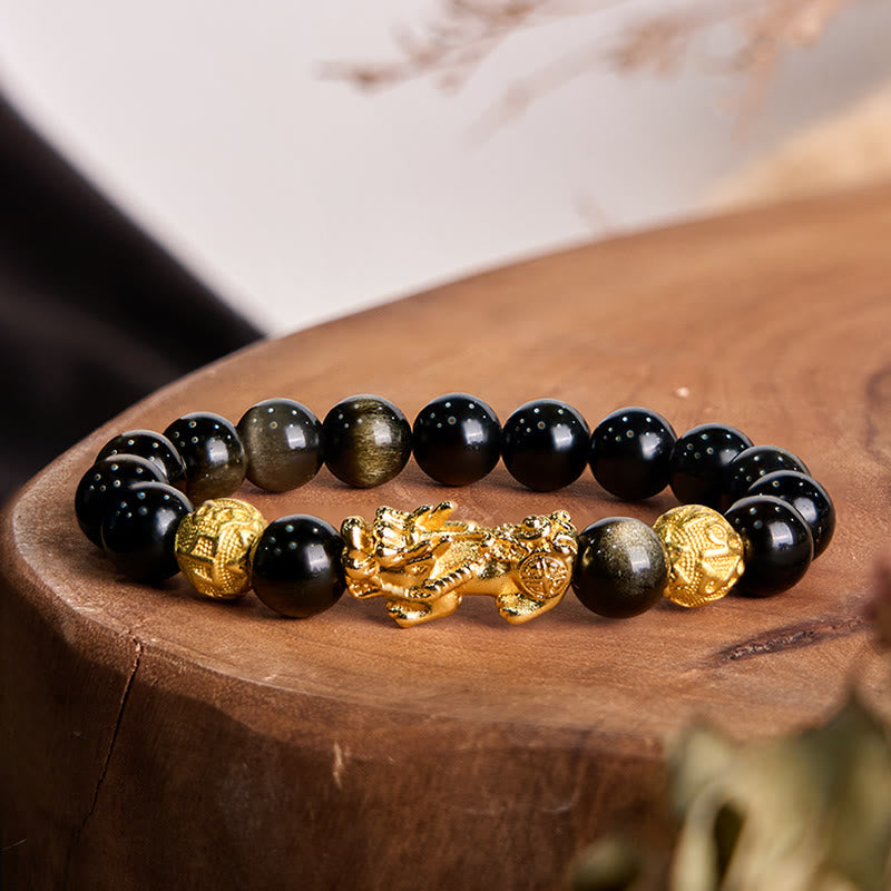 Foviel Natürliches Gold Sheen Obsidian PiXiu Om Mani Padme Hum Reichtum Armband