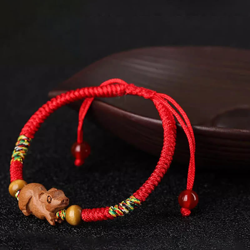 Foviel Handmade Chinese Zodiac Red String Peach Wood Luck Bracelet