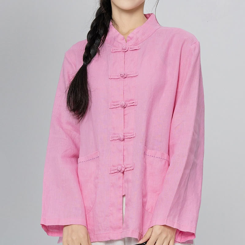 Buddha Stones Solid Color Frog-button Long Sleeve Linen Women's Shirts With Pockets - LightPink - US4,UK/AU8,EU36 (L) - image 0