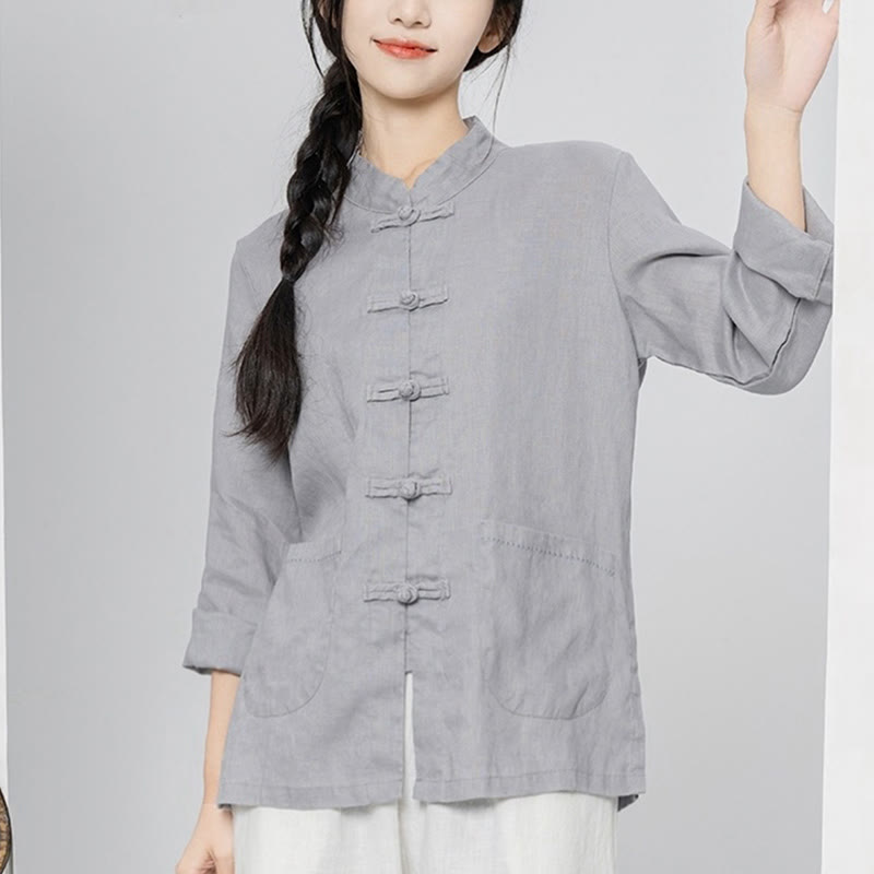 Buddha Stones Solid Color Frog-button Long Sleeve Linen Women's Shirts With Pockets - Silver - US4,UK/AU8,EU36 (L) - image 6