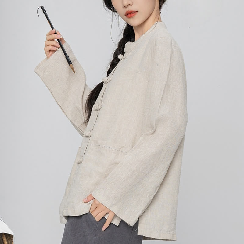 Buddha Stones Solid Color Frog-button Long Sleeve Linen Women's Shirts With Pockets - PapayaWhip - US4,UK/AU8,EU36 (L) - image 12