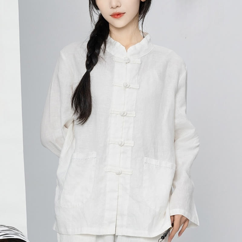 Buddha Stones Solid Color Frog-button Long Sleeve Linen Women's Shirts With Pockets - White - US4,UK/AU8,EU36 (L) - image 20