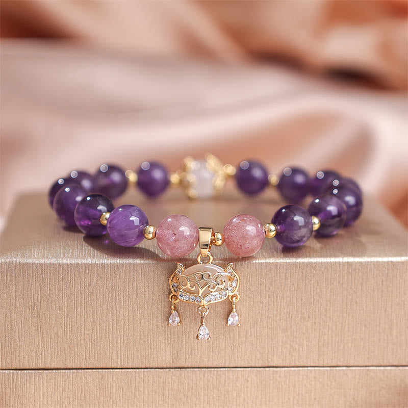 Foviel Natural Amethyst Strawberry Quartz Peace Lock Charm Positive Bracelet