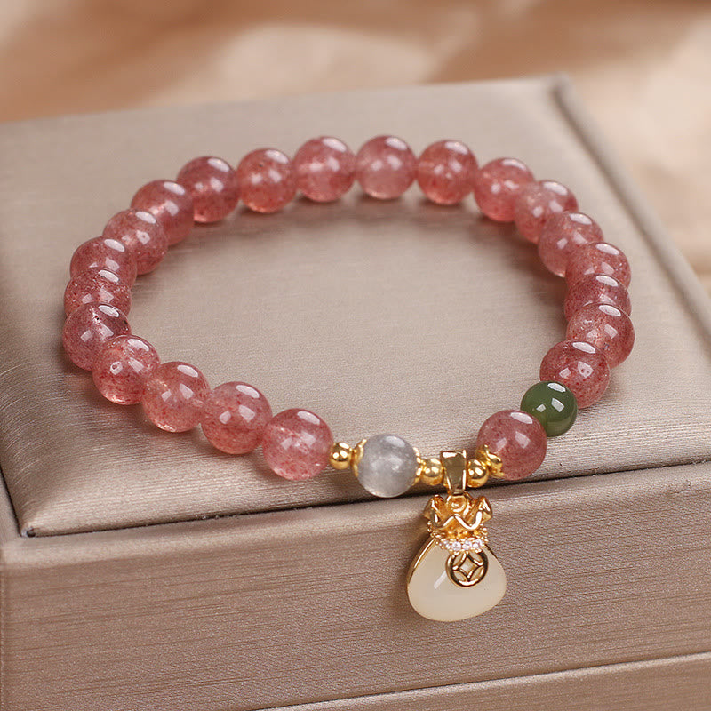 Foviel Natürliche Erdbeerquarz Geld Tasche Charm positives Armband