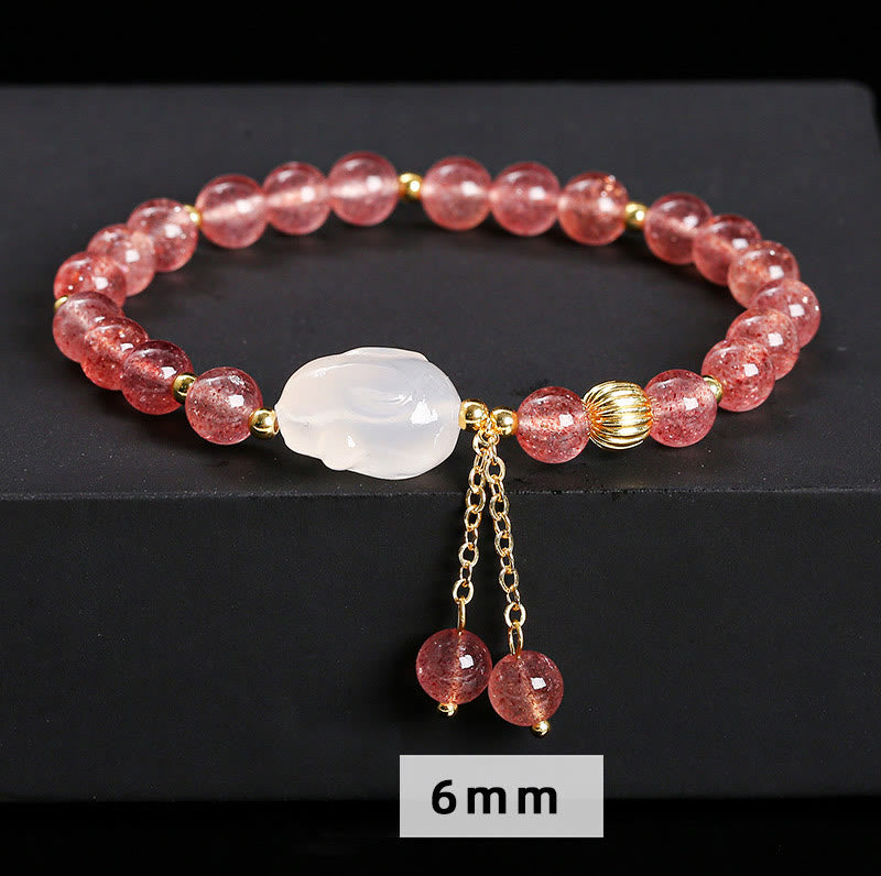 Foviel Natural Strawberry Quartz Agate Rabbit Healing Bracelet