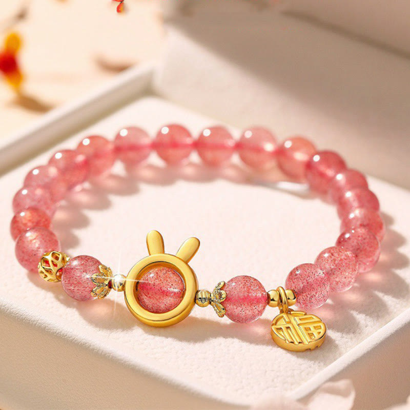Foviel Natürliche Erdbeerquarz Kaninchen Fu Charakter Charm Liebe Armband