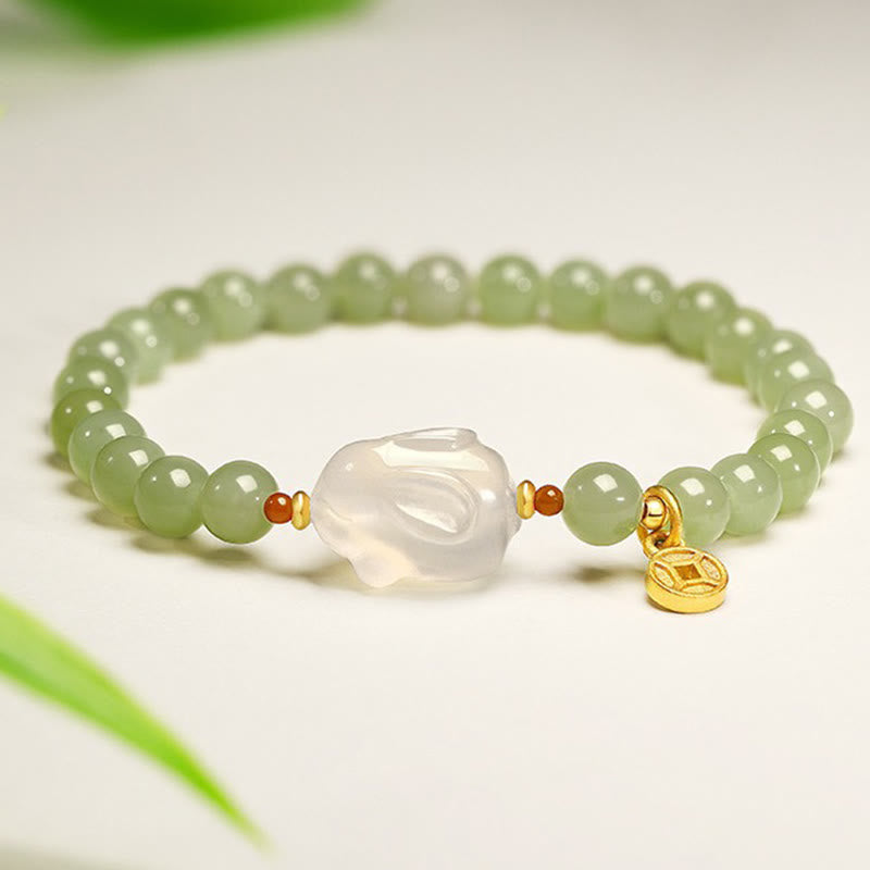 Bracelet porte-bonheur Foviel en jade de Hetian naturel, agate et pièce de monnaie en cuivre motif lapin