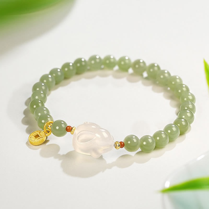 Bracelet porte-bonheur Foviel en jade de Hetian naturel, agate et pièce de monnaie en cuivre motif lapin