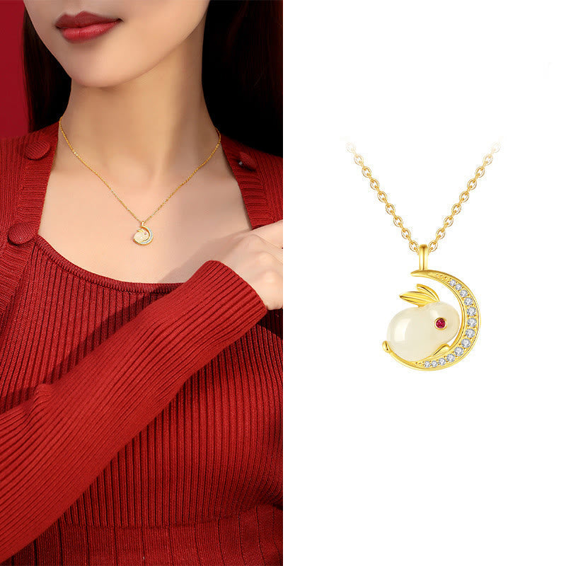 Foviel 925 Sterling Silver Hetian White Jade Rabbit Crescent Moon Luck Necklace Pendant