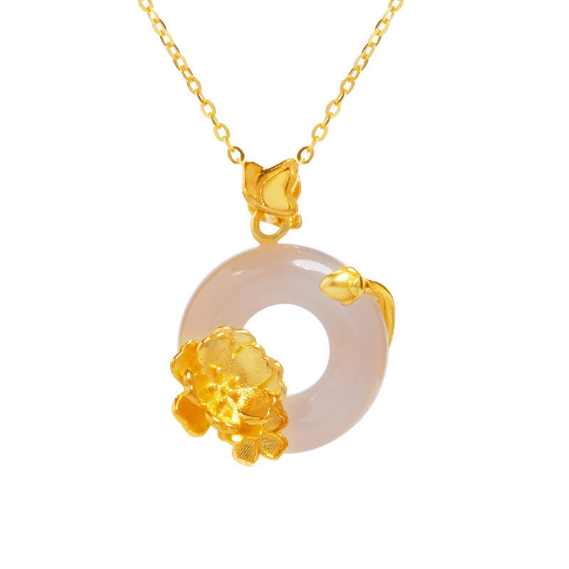 Foviel Natürlich 925 Sterling Silber Weiß Chalcedon Frieden Schnalle Pfirsich Blossom Schmetterling Positive Halskette Anhänger