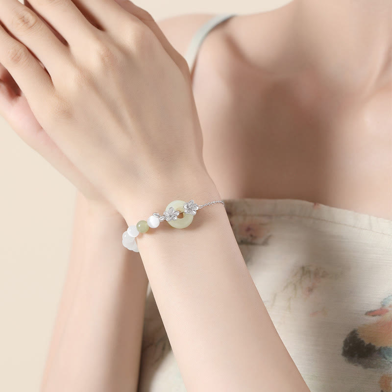 Foviel 999 Sterling Silber Natürlich Hetian-Jade Frieden Schnalle Pfirsichblüten Glück Armband