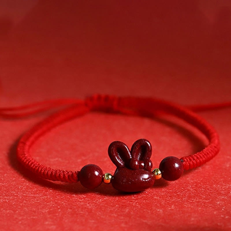 Bracelet porte-bonheur Foviel fait main en cinabre avec lapin du zodiaque chinois et cordon rouge