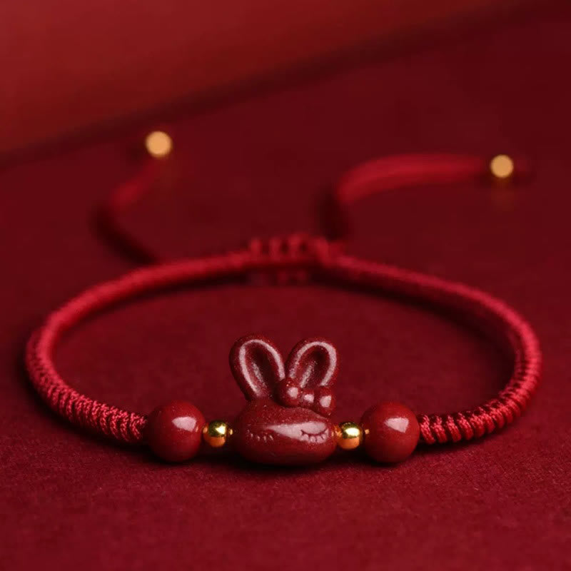 Bracelet porte-bonheur Foviel fait main en cinabre avec lapin du zodiaque chinois et cordon rouge