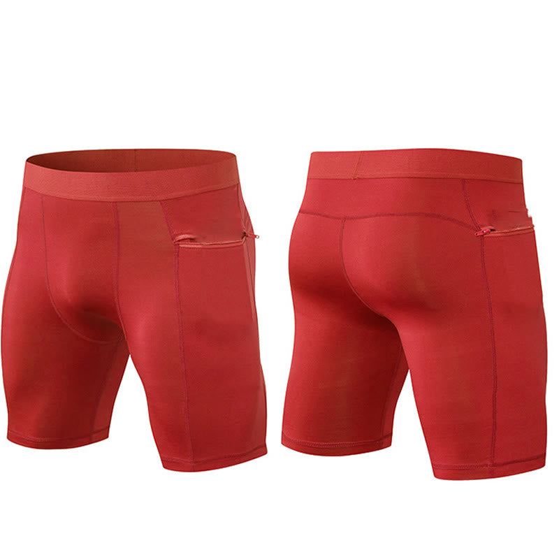Foviel Men's Tight Stretch High Elasticity Quick Dry Sports Shorts With Zipper Pockets