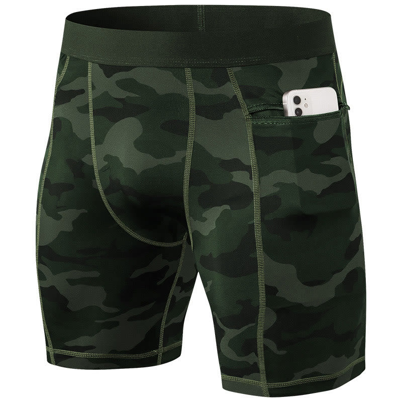 Foviel Men's Tight Stretch High Elasticity Quick Dry Sports Shorts With Zipper Pockets