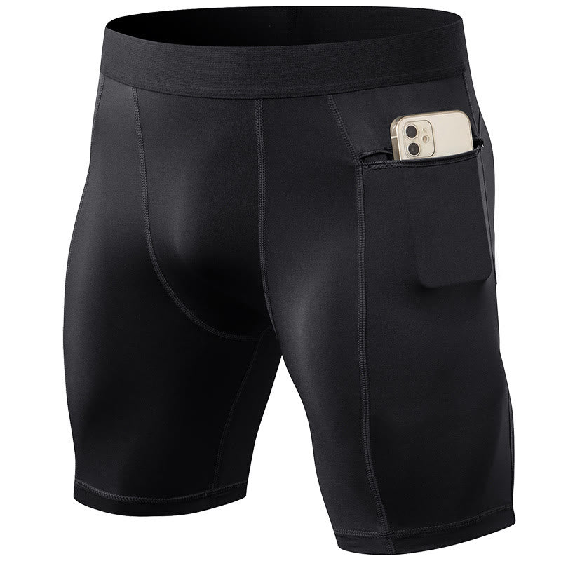 Foviel Men's Tight Stretch High Elasticity Quick Dry Sports Shorts With Zipper Pockets