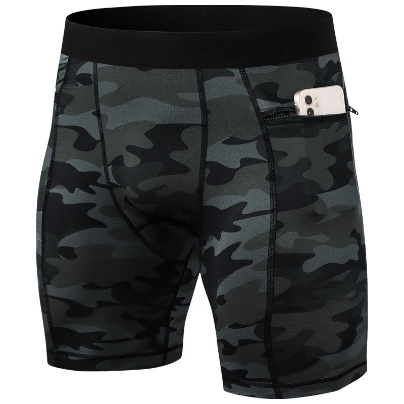 Foviel Men's Tight Stretch High Elasticity Quick Dry Sports Shorts With Zipper Pockets