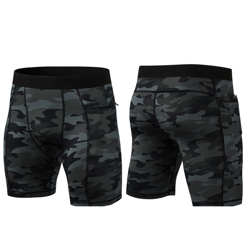 Foviel Men's Tight Stretch High Elasticity Quick Dry Sports Shorts With Zipper Pockets