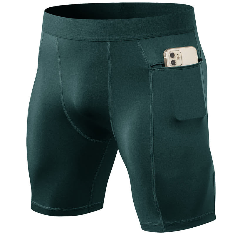 Foviel Men's Tight Stretch High Elasticity Quick Dry Sports Shorts With Zipper Pockets