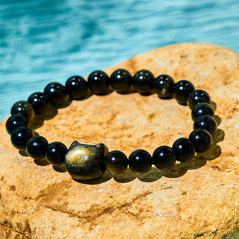 Foviel Gold Sheen Obsidian Silver Sheen Obsidian Lovely Paw Lucky Cat Protection Bracelet