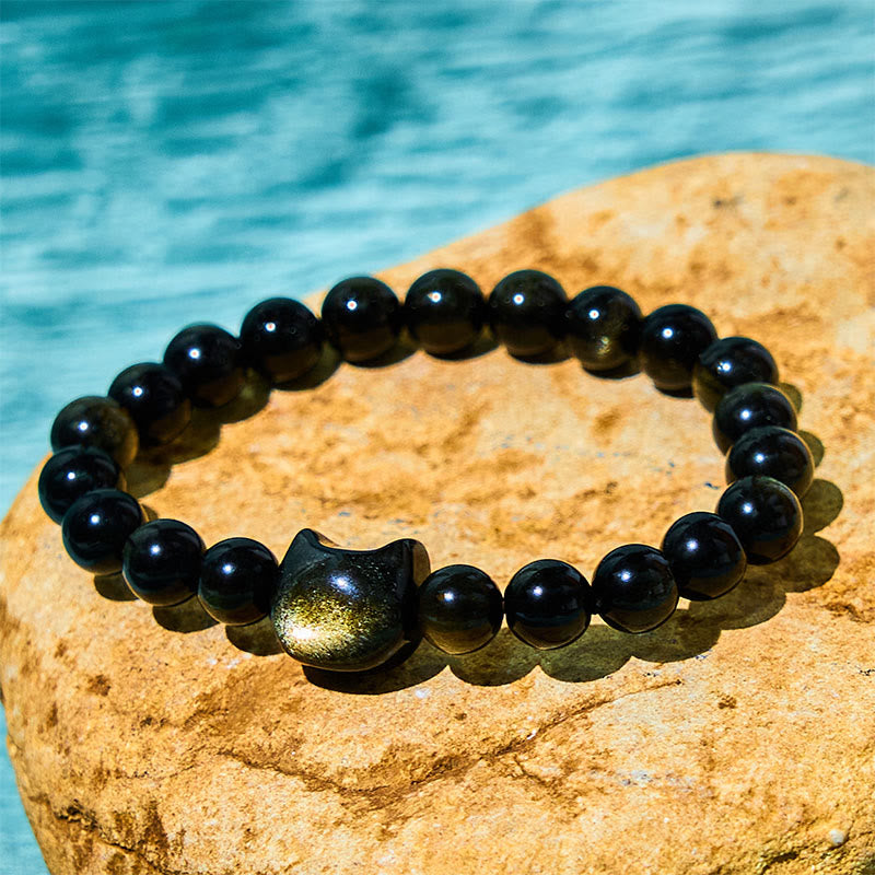 Foviel Gold Sheen Obsidian Silver Sheen Obsidian Lovely Paw Lucky Cat Protection Bracelet