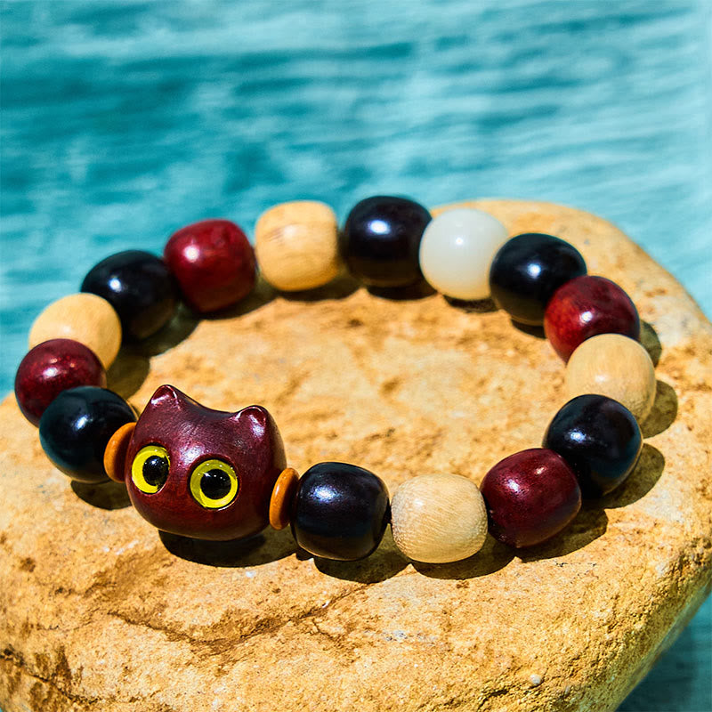 Bracelet de protection Foviel à gravure de chat mignon en bois de santal rouge à petites feuilles et bois d'ébène