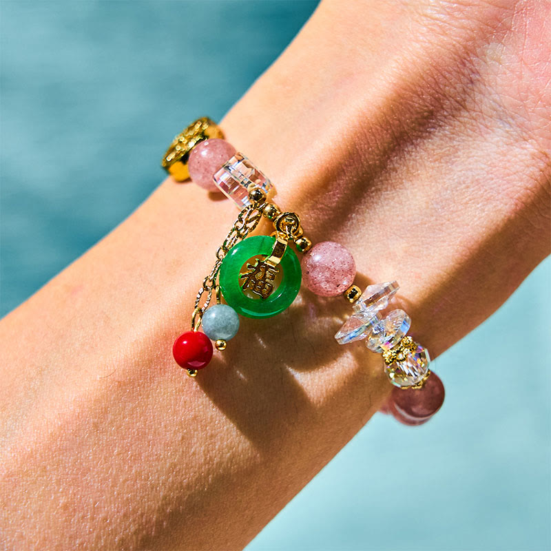 Foviel Strawberry Quartz Jade Fu Character Charm Healing Bracelet