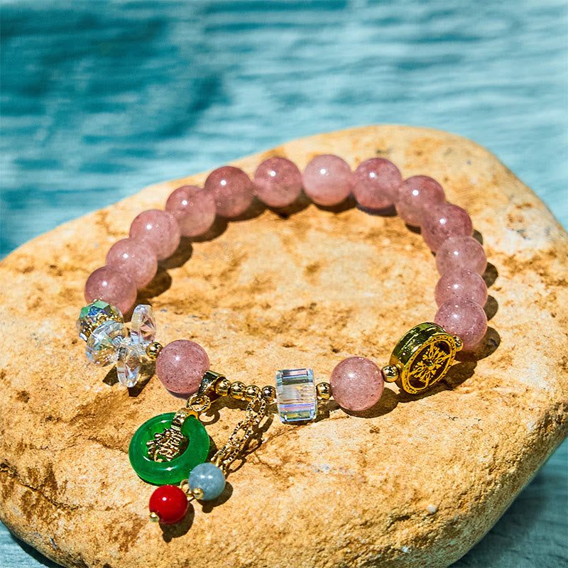 Foviel Strawberry Quartz Jade Fu Character Charm Healing Bracelet