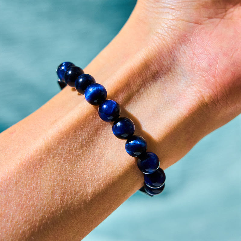 Bracelet de force Foviel en œil de tigre bleu et tourmaline noire