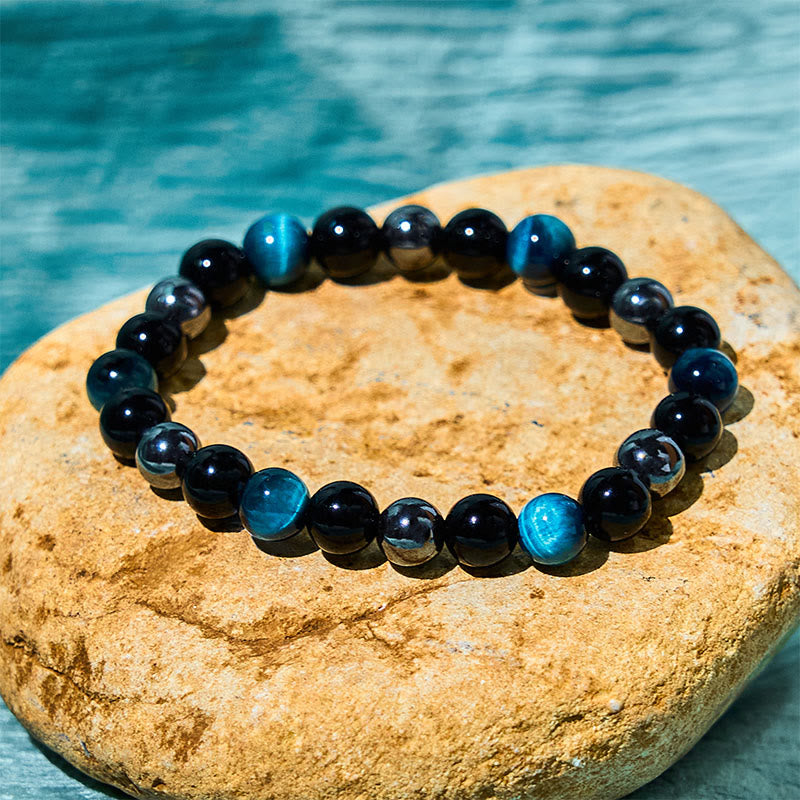 Foviel Natürliches Tigerauge Obsidian Hematite Positives Kraftvolles Armband