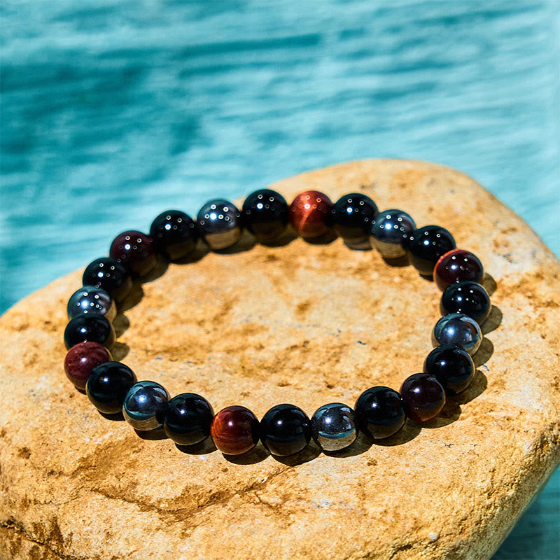 Foviel Natürliches Tigerauge Obsidian Hematite Positives Kraftvolles Armband