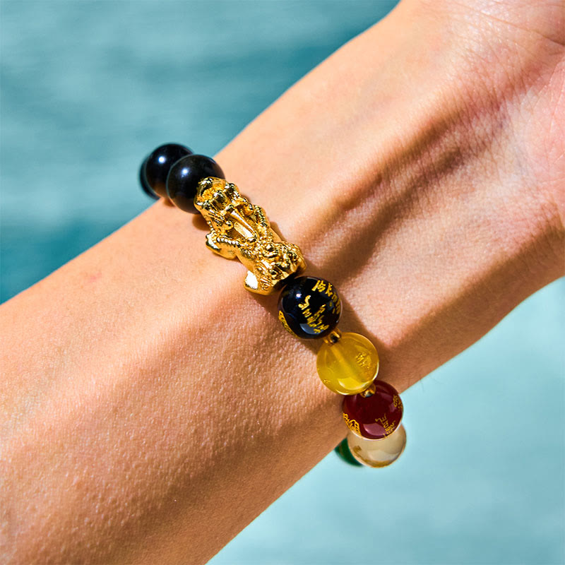Foviel Natürliches Gold Sheen Obsidian PiXiu Fünf Richtungen Götter des Reichtums Schutz Armband