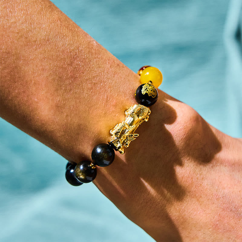 Foviel Natürliches Gold Sheen Obsidian PiXiu Fünf Richtungen Götter des Reichtums Schutz Armband