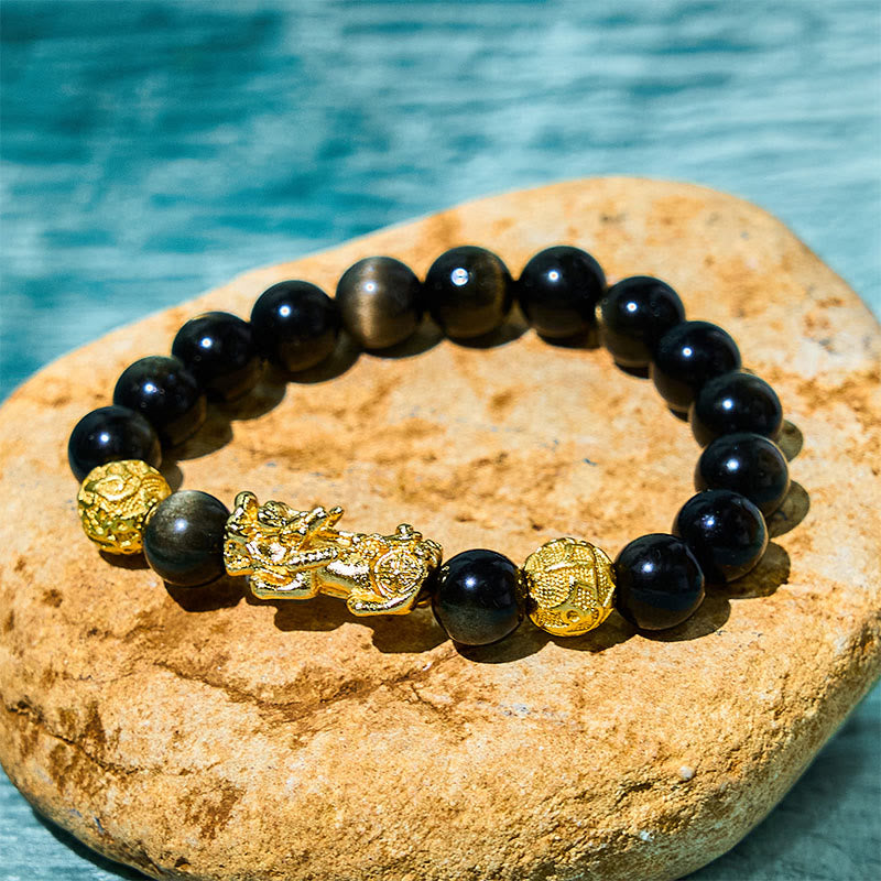 Foviel Natural Gold Sheen Obsidian PiXiu Om Mani Padme Hum Wealth Bracelet