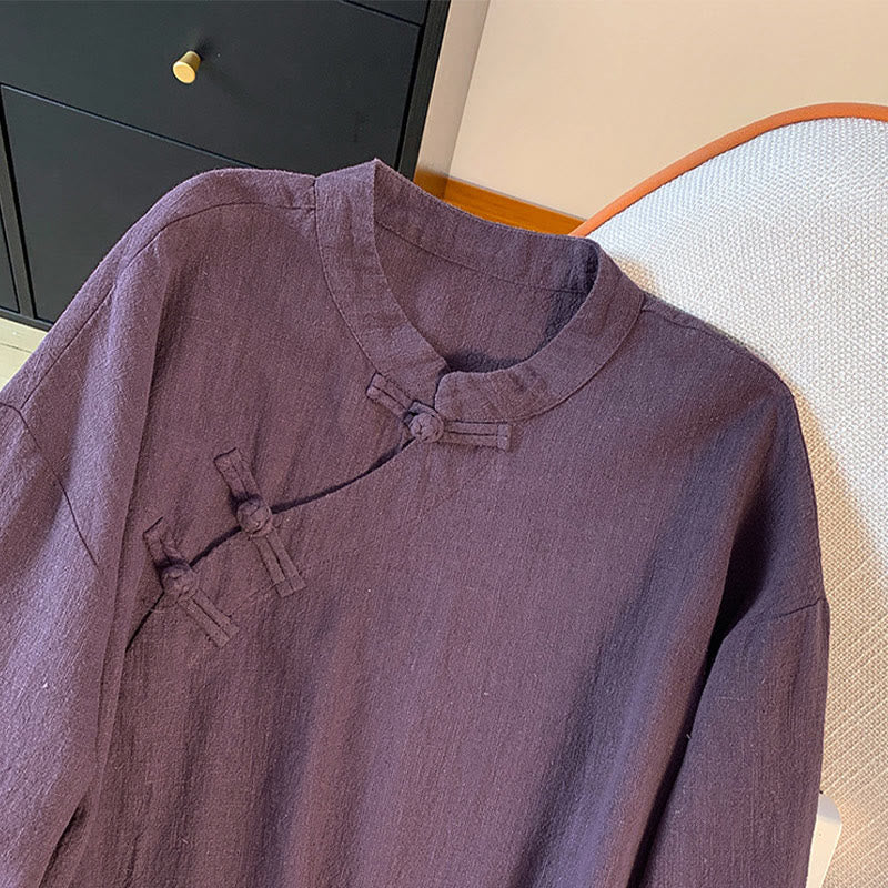 Foviel Casual Women's Plain Frog-Button Stand Collar Design Long Sleeve Shirt