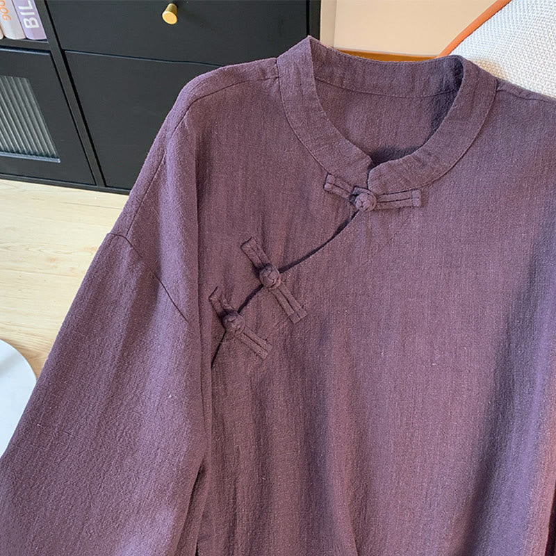 Foviel Casual Women's Plain Frog-Button Stand Collar Design Long Sleeve Shirt