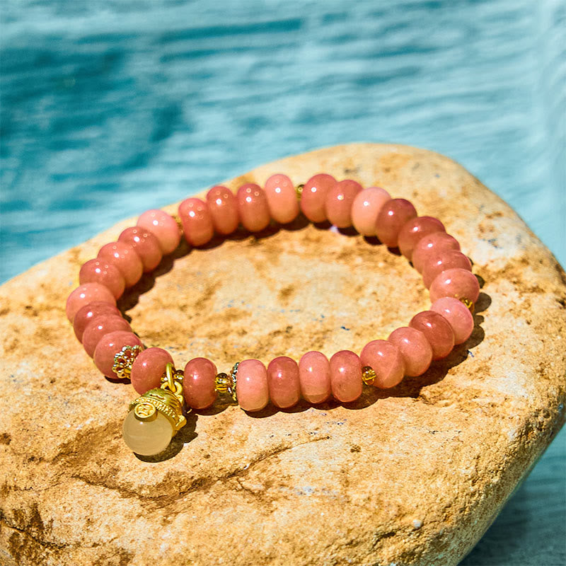 Bracelet porte-bonheur Foviel en quartz fraise et jade cyan, perles de lithothérapie